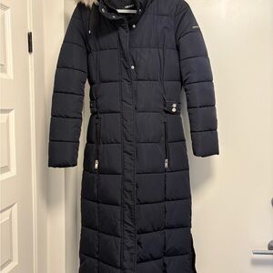 DKNY Women's Dark Blue Long Puffer Coat